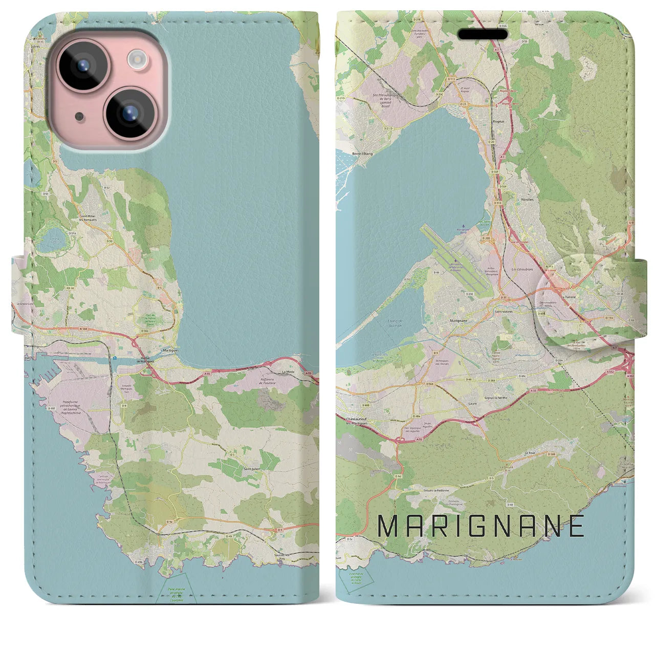 【マリニャーヌ(フランス)】地図柄iPhoneケース(手帳タイプ)ナチュラル・iPhone 15 Plus 用
