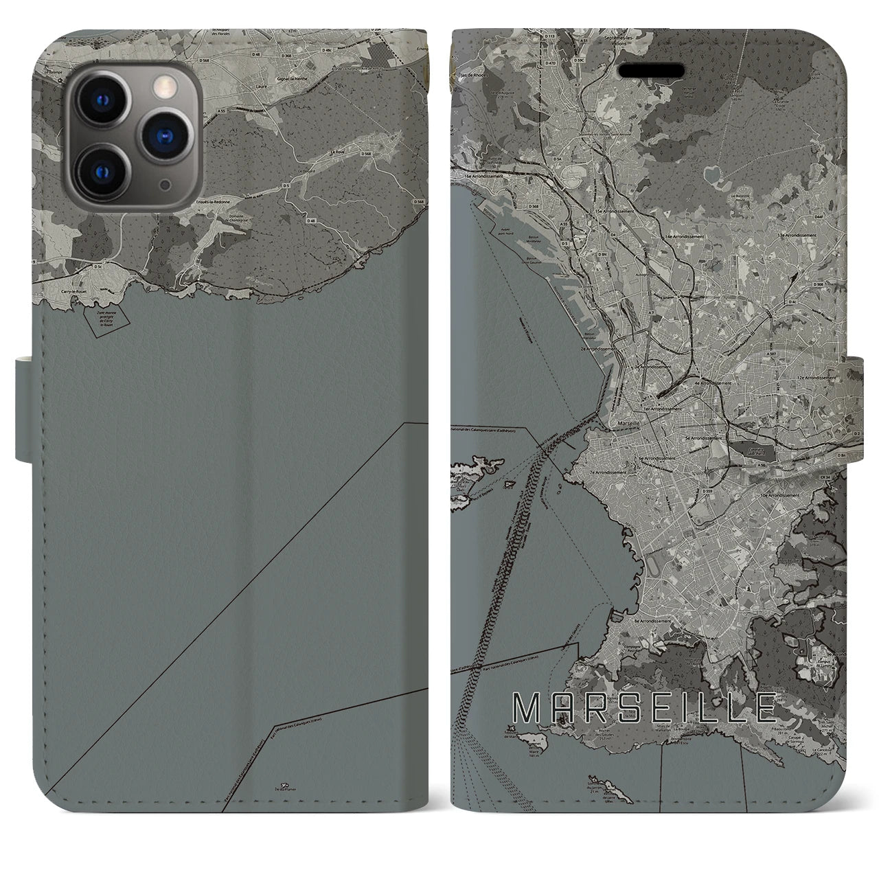 【マルセイユ(フランス)】地図柄iPhoneケース(手帳タイプ)モノトーン・iPhone 11 Pro Max 用