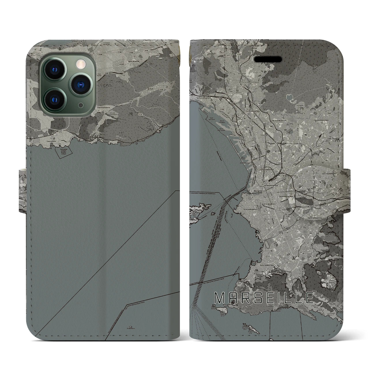 【マルセイユ(フランス)】地図柄iPhoneケース(手帳タイプ)モノトーン・iPhone 11 Pro 用