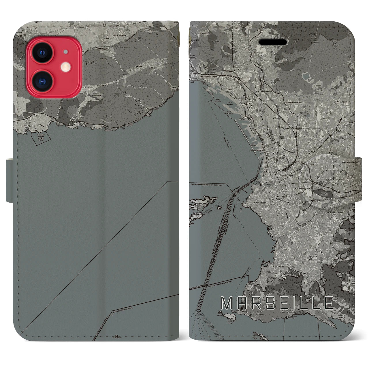 【マルセイユ(フランス)】地図柄iPhoneケース(手帳タイプ)モノトーン・iPhone 11 用