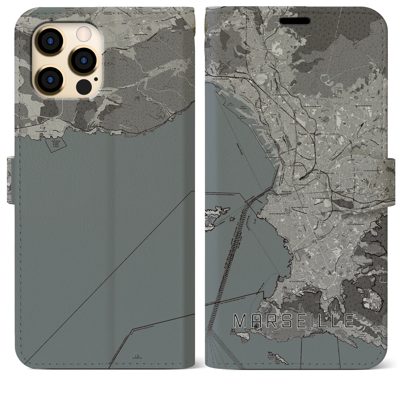 【マルセイユ(フランス)】地図柄iPhoneケース(手帳タイプ)モノトーン・iPhone 12 Pro Max 用