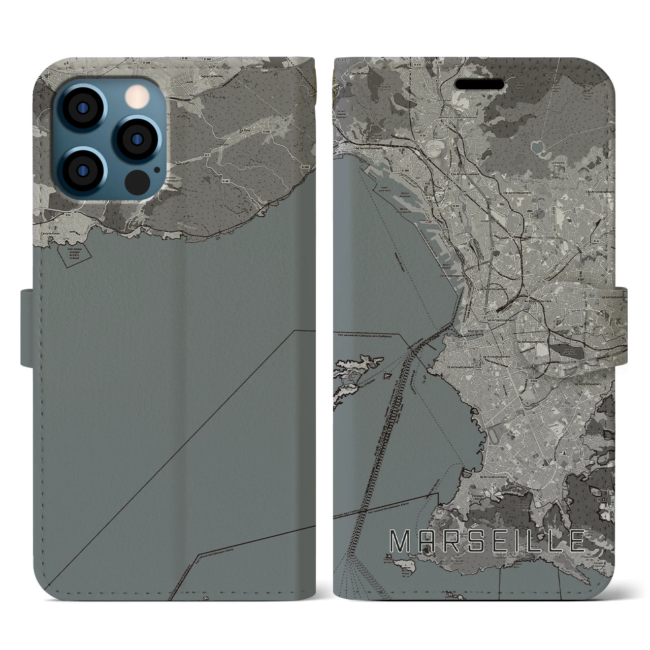 【マルセイユ(フランス)】地図柄iPhoneケース(手帳タイプ)モノトーン・iPhone 12 / 12 Pro 用