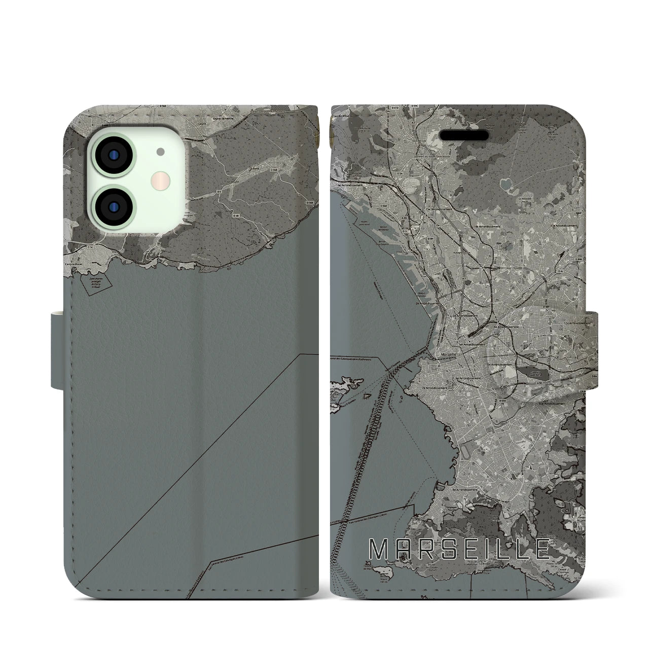 【マルセイユ(フランス)】地図柄iPhoneケース(手帳タイプ)モノトーン・iPhone 12 mini 用