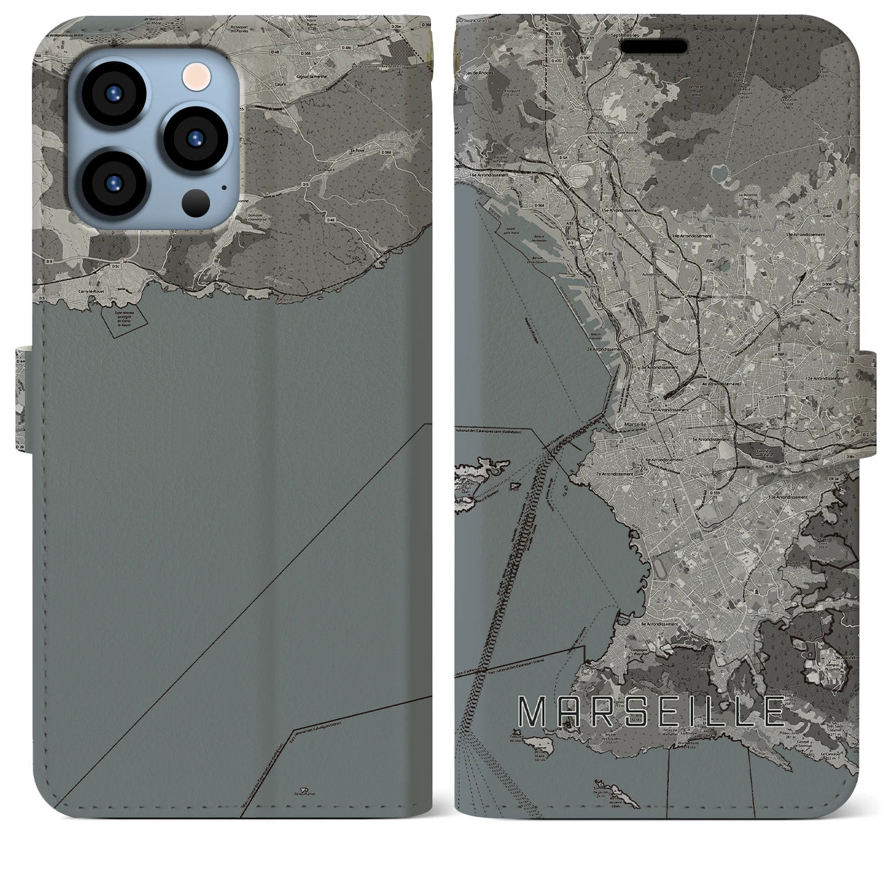 【マルセイユ(フランス)】地図柄iPhoneケース(手帳タイプ)モノトーン・iPhone 13 Pro Max 用
