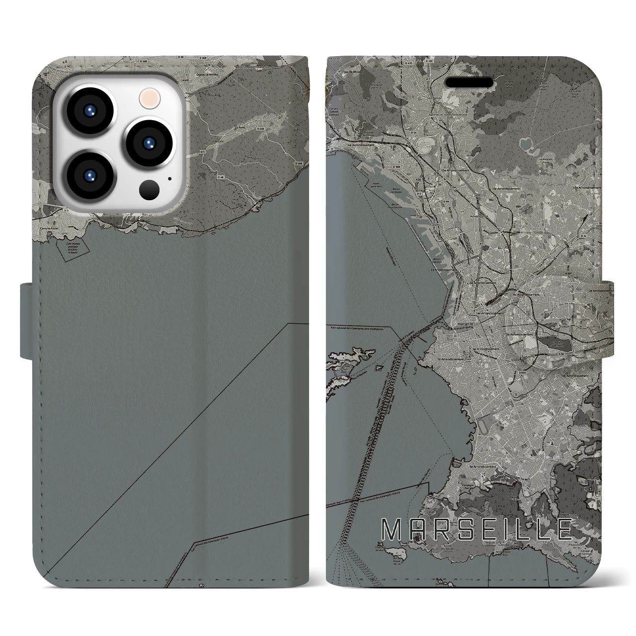 【マルセイユ(フランス)】地図柄iPhoneケース(手帳タイプ)モノトーン・iPhone 13 Pro 用