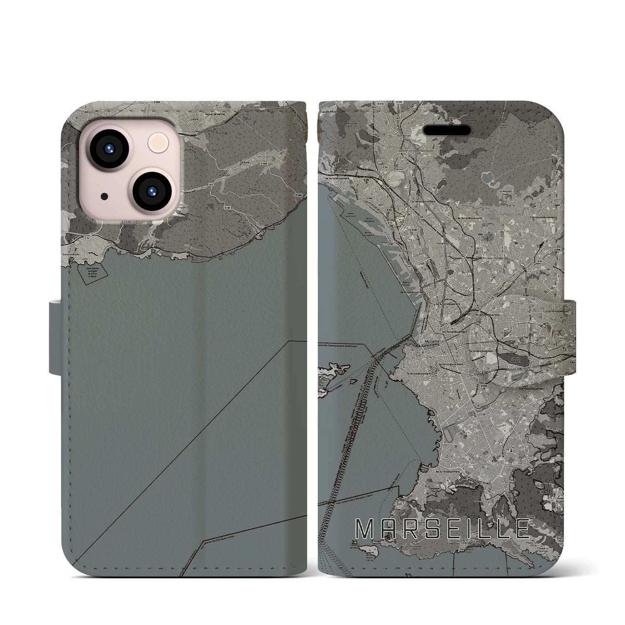 【マルセイユ(フランス)】地図柄iPhoneケース(手帳タイプ)モノトーン・iPhone 13 mini 用