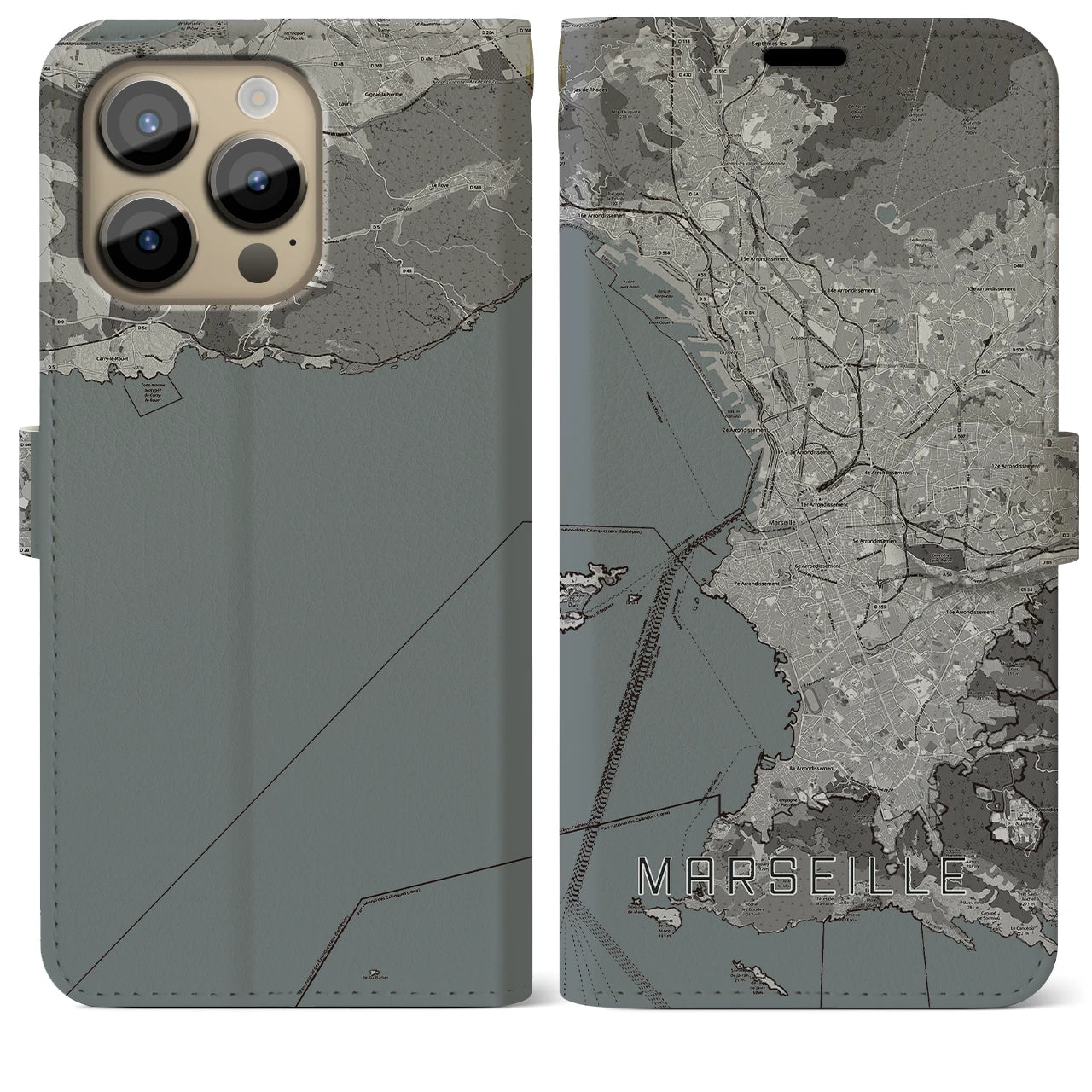 【マルセイユ(フランス)】地図柄iPhoneケース(手帳タイプ)モノトーン・iPhone 14 Pro Max 用