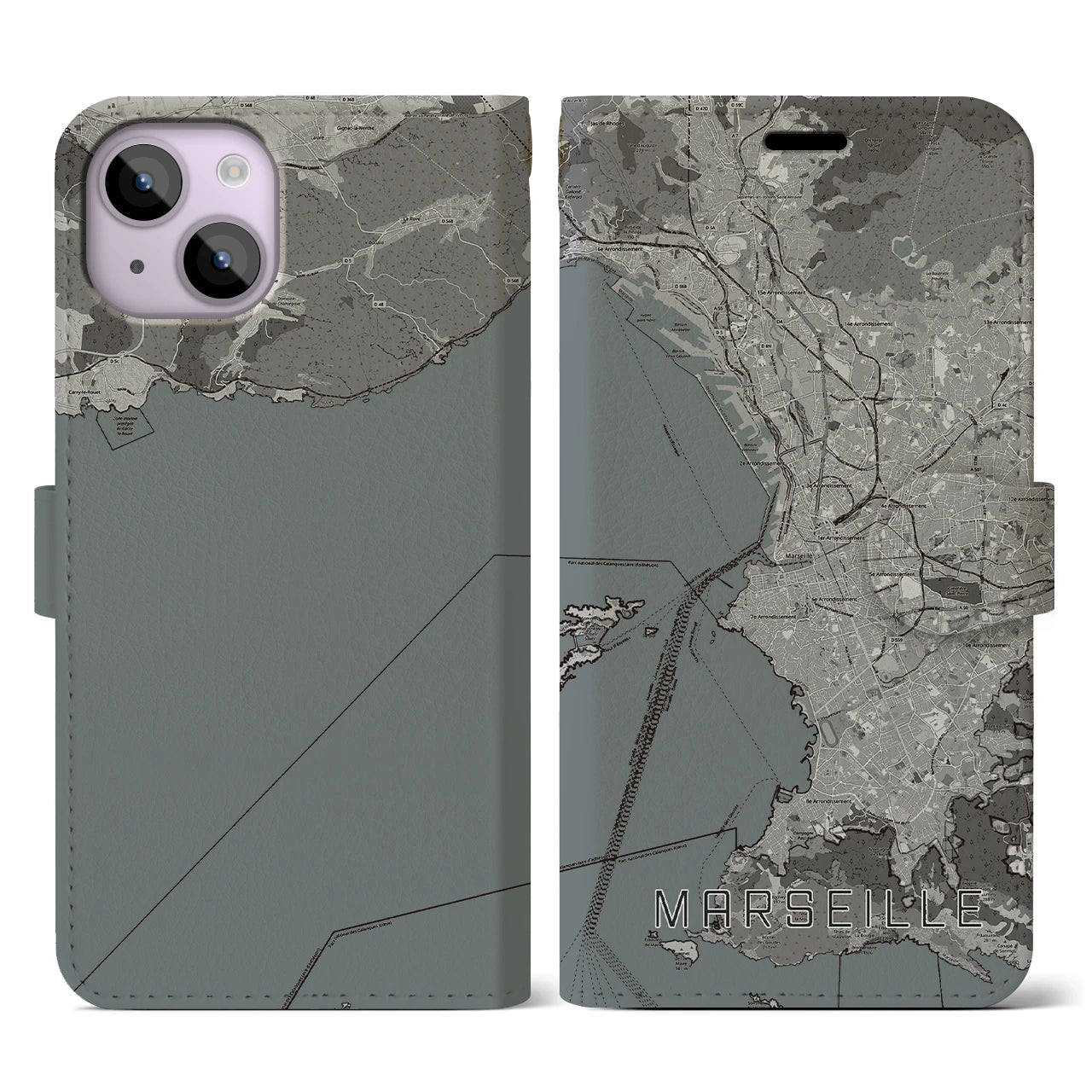 【マルセイユ(フランス)】地図柄iPhoneケース(手帳タイプ)モノトーン・iPhone 14 用