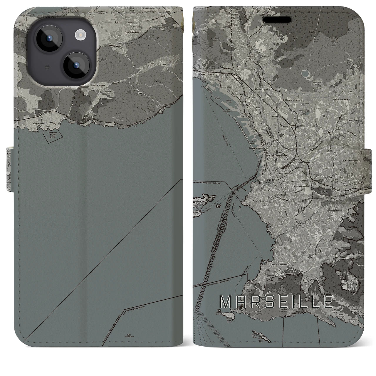 【マルセイユ(フランス)】地図柄iPhoneケース(手帳タイプ)モノトーン・iPhone 14 Plus 用