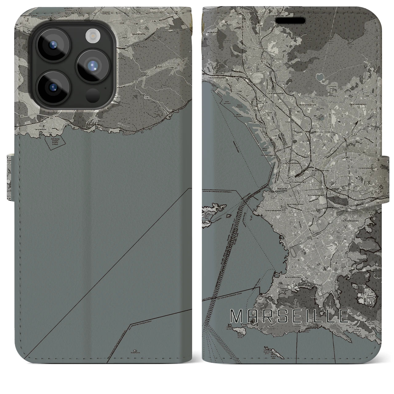 【マルセイユ(フランス)】地図柄iPhoneケース(手帳タイプ)モノトーン・iPhone 15 Pro Max 用