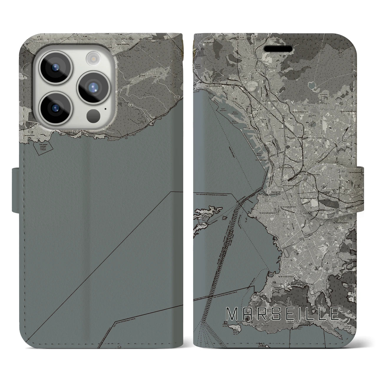 【マルセイユ(フランス)】地図柄iPhoneケース(手帳タイプ)モノトーン・iPhone 15 Pro 用