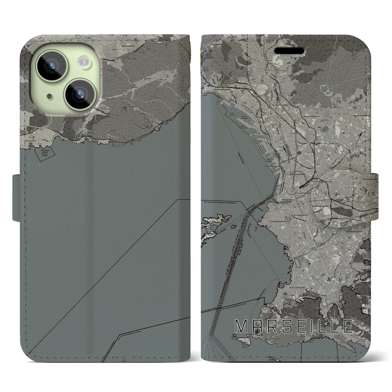 【マルセイユ(フランス)】地図柄iPhoneケース(手帳タイプ)モノトーン・iPhone 15 用