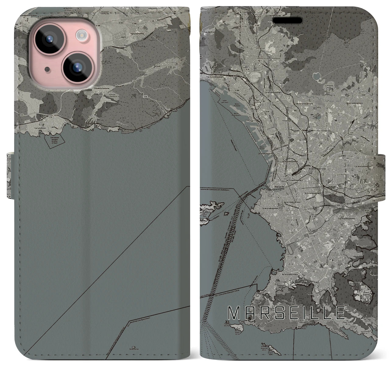 【マルセイユ(フランス)】地図柄iPhoneケース(手帳タイプ)モノトーン・iPhone 15 Plus 用