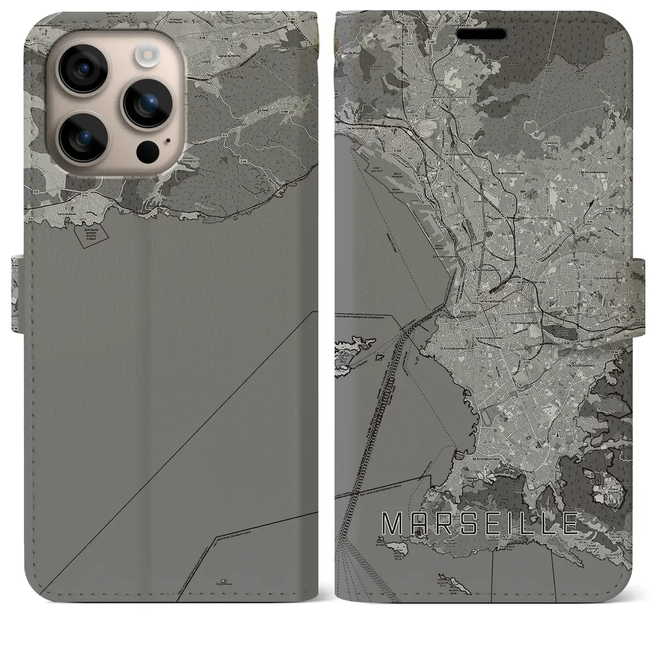 【マルセイユ(フランス)】地図柄iPhoneケース(手帳タイプ)モノトーン・iPhone 16 Plus 用