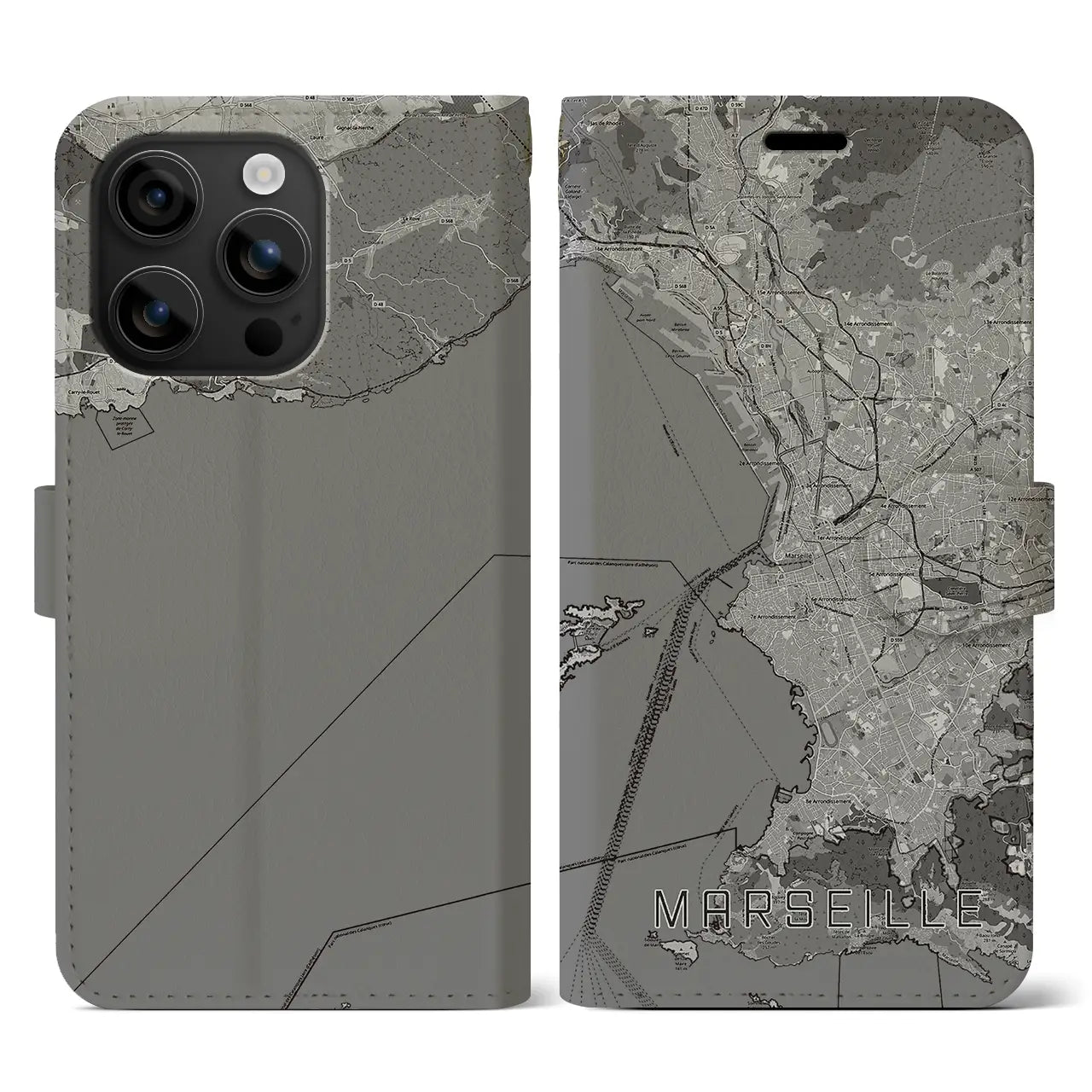 【マルセイユ(フランス)】地図柄iPhoneケース(手帳タイプ)モノトーン・iPhone 16 用