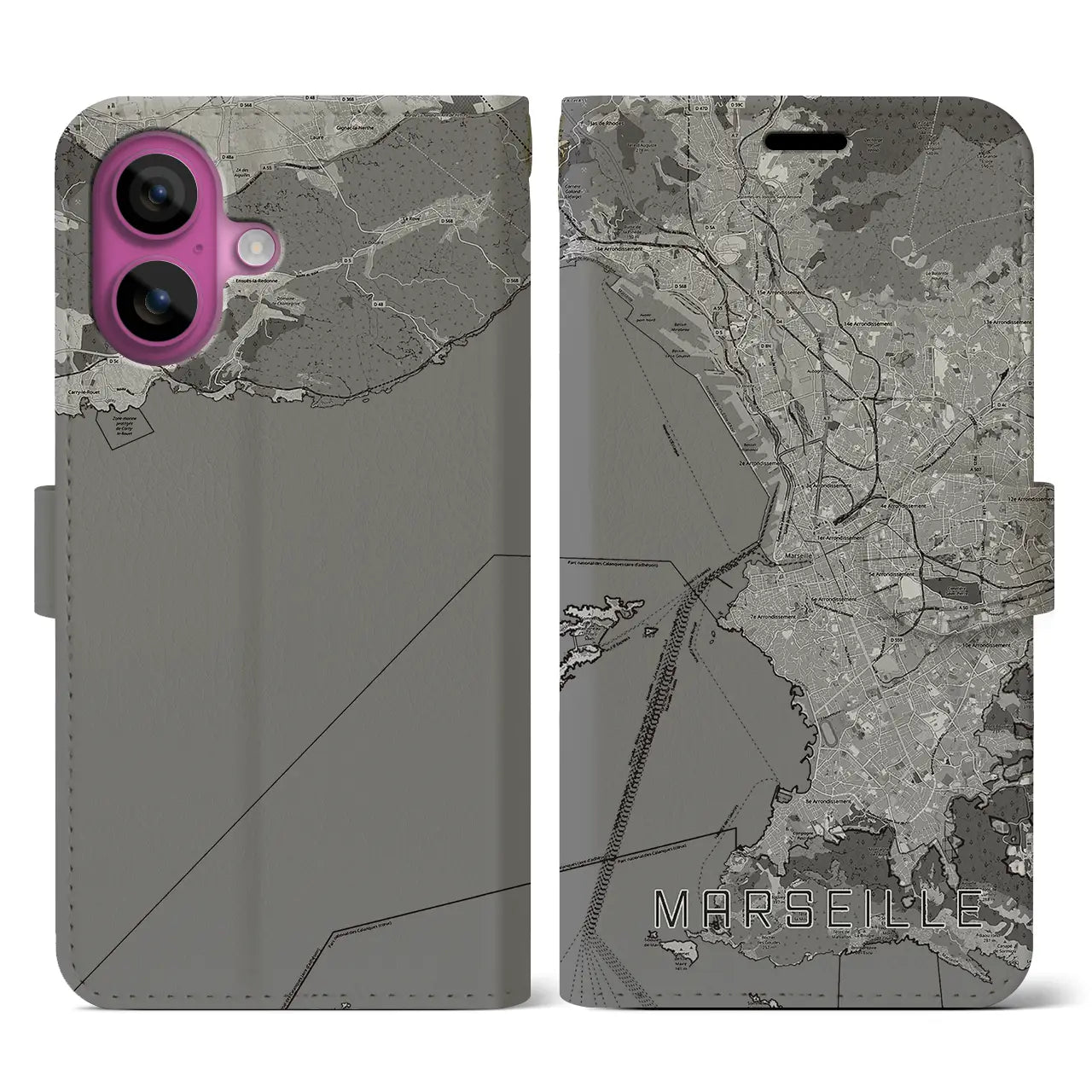 【マルセイユ(フランス)】地図柄iPhoneケース(手帳タイプ)モノトーン・iPhone 16 Pro 用
