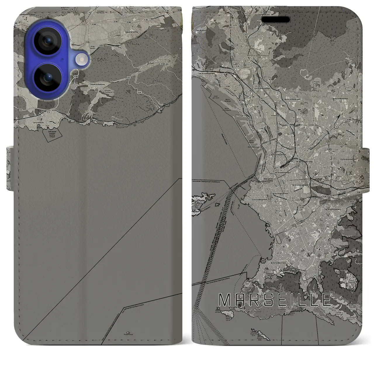 【マルセイユ(フランス)】地図柄iPhoneケース(手帳タイプ)モノトーン・iPhone 16 Pro Max 用