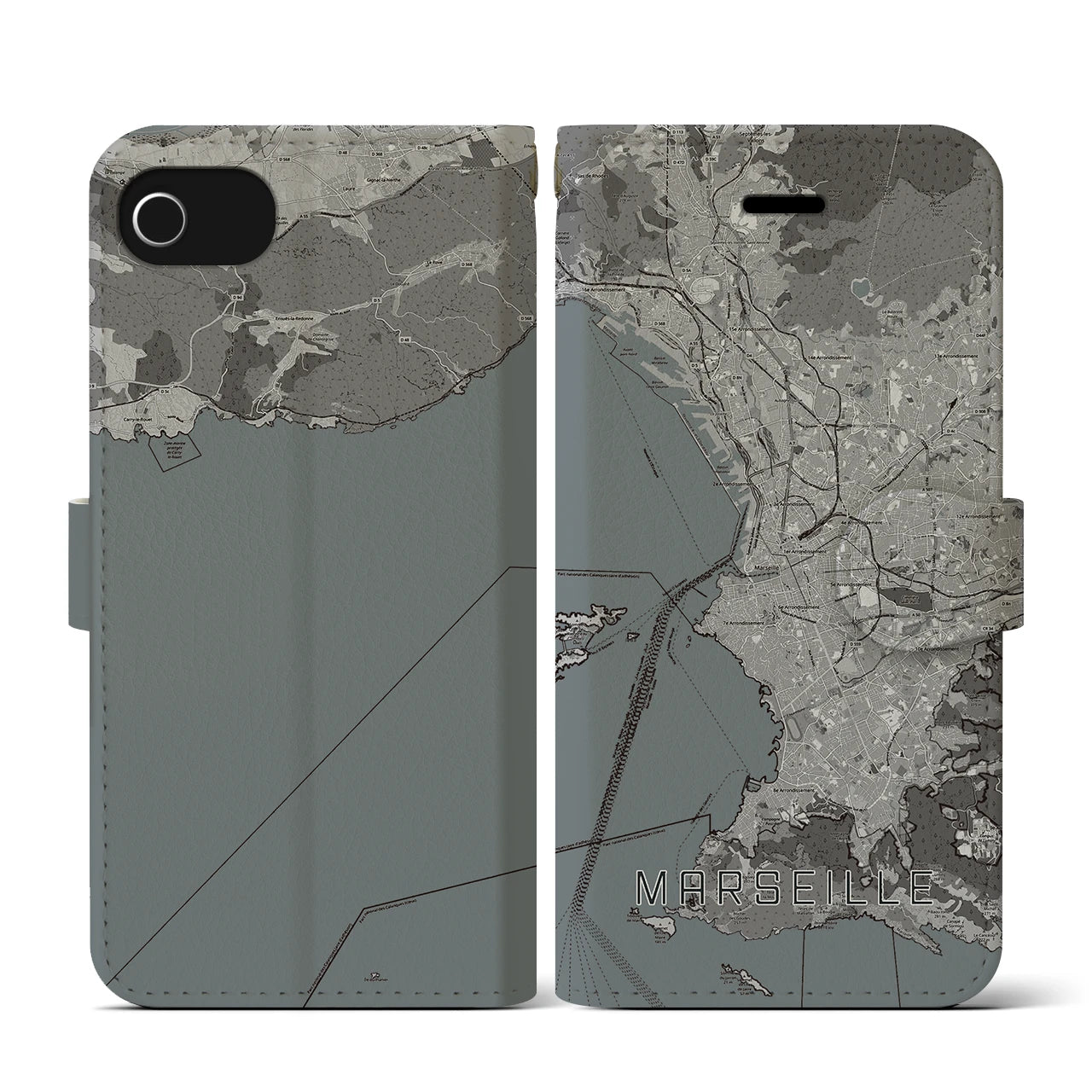 【マルセイユ(フランス)】地図柄iPhoneケース(手帳タイプ)モノトーン・iPhone SE(第3 / 第2世代) / 8 / 7 / 6s / 6 用