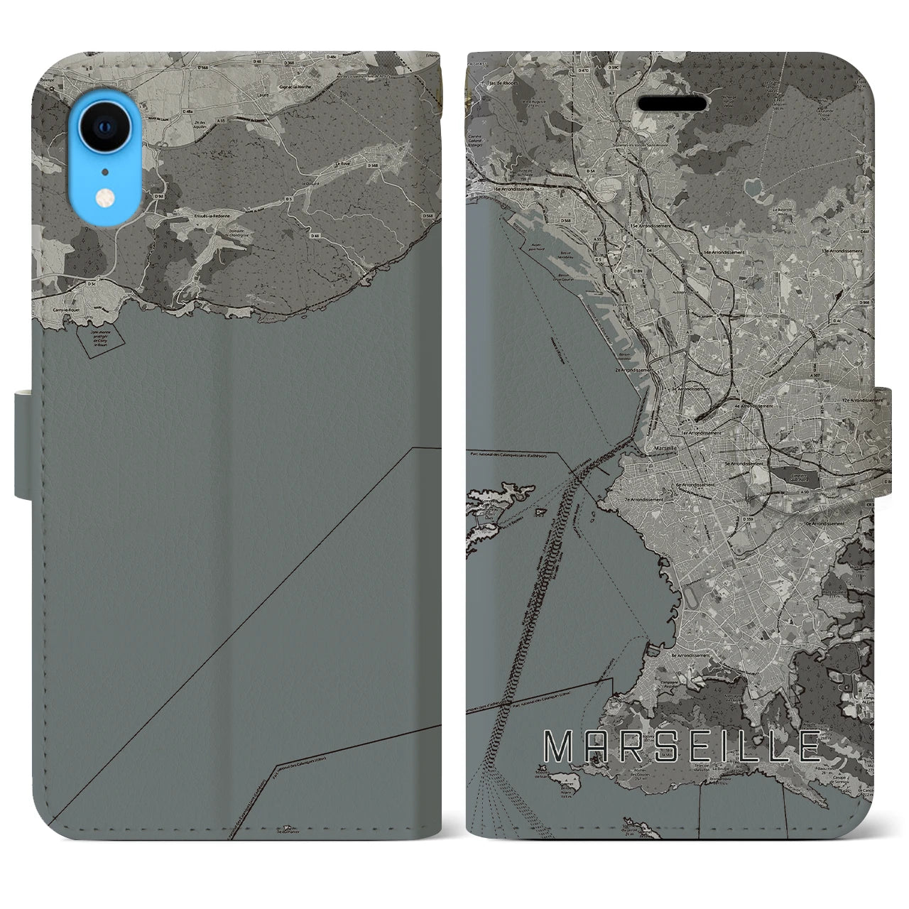 【マルセイユ(フランス)】地図柄iPhoneケース(手帳タイプ)モノトーン・iPhone XR 用