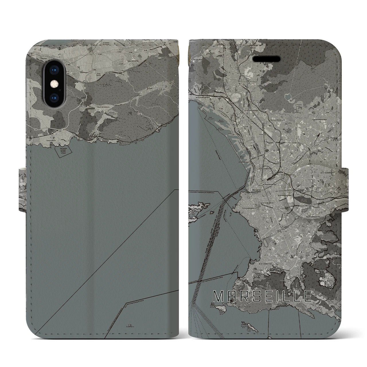 【マルセイユ(フランス)】地図柄iPhoneケース(手帳タイプ)モノトーン・iPhone XS / X 用