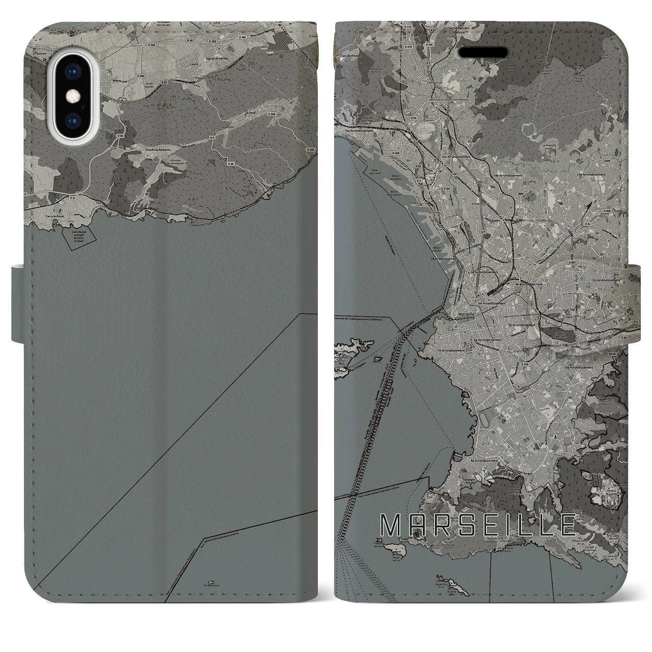 【マルセイユ(フランス)】地図柄iPhoneケース(手帳タイプ)モノトーン・iPhone XS Max 用