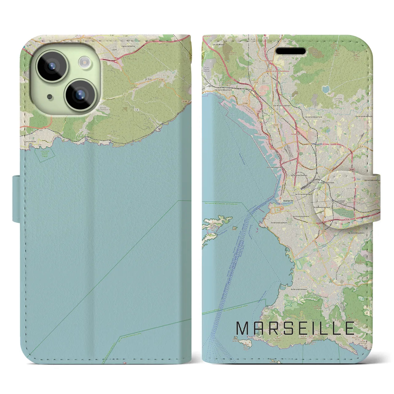 【マルセイユ(フランス)】地図柄iPhoneケース(手帳タイプ)ナチュラル・iPhone 15 用