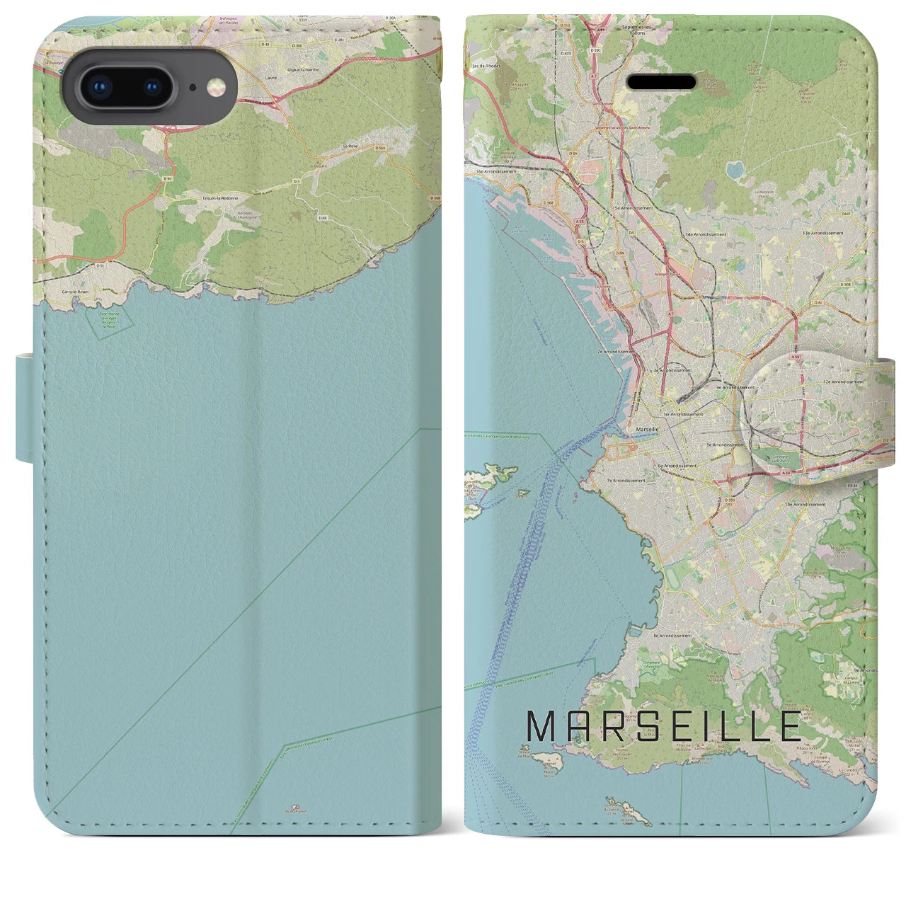 【マルセイユ(フランス)】地図柄iPhoneケース(手帳タイプ)ナチュラル・iPhone 8Plus /7Plus / 6sPlus / 6Plus 用