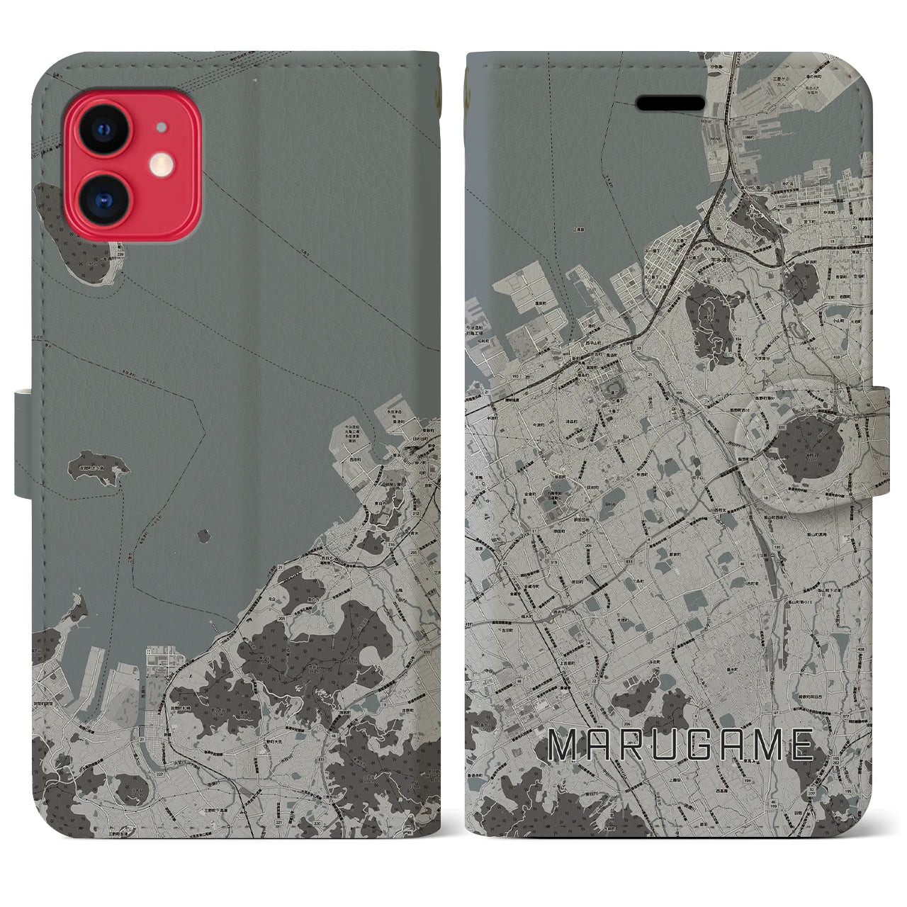 【丸亀(香川県)】地図柄iPhoneケース(手帳タイプ)モノトーン・iPhone 11 用