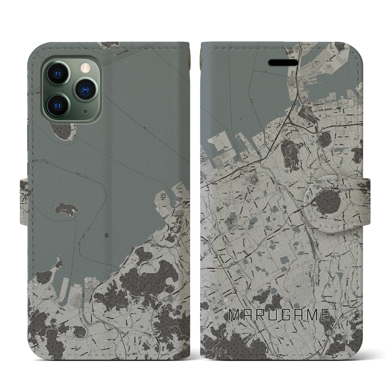 【丸亀(香川県)】地図柄iPhoneケース(手帳タイプ)モノトーン・iPhone 11 Pro 用