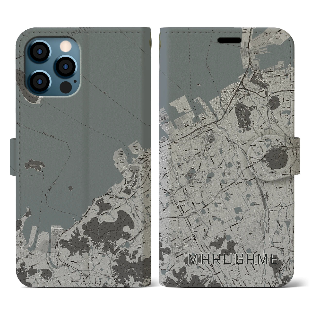 【丸亀(香川県)】地図柄iPhoneケース(手帳タイプ)モノトーン・iPhone 12 / 12 Pro 用