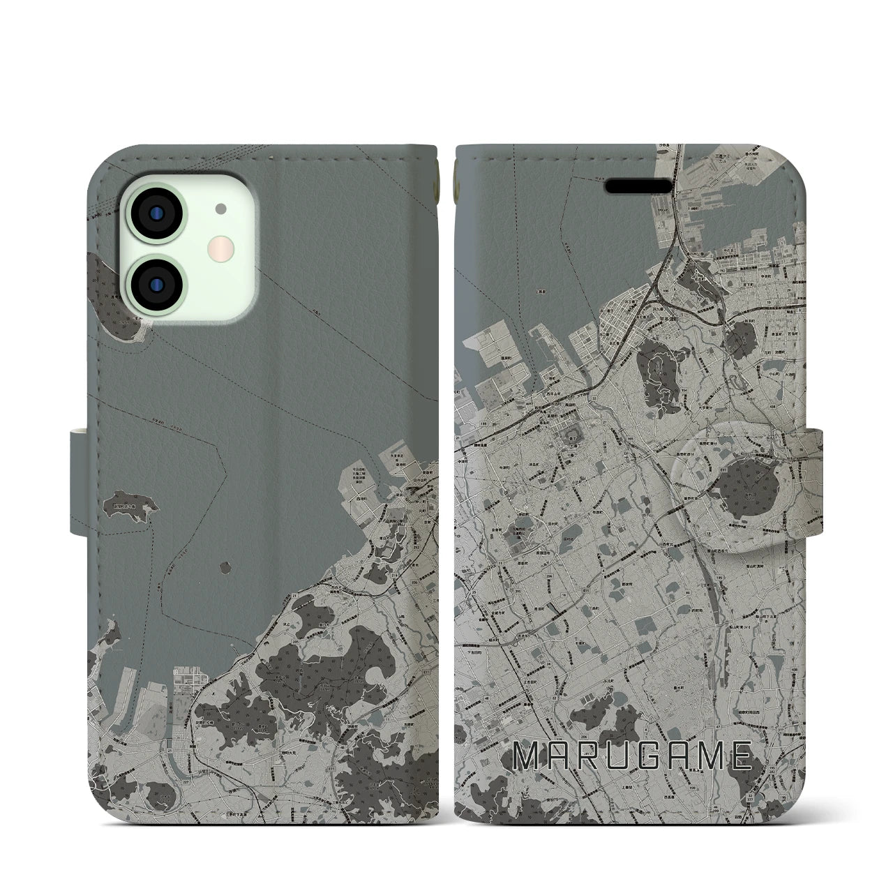 【丸亀(香川県)】地図柄iPhoneケース(手帳タイプ)モノトーン・iPhone 12 mini 用