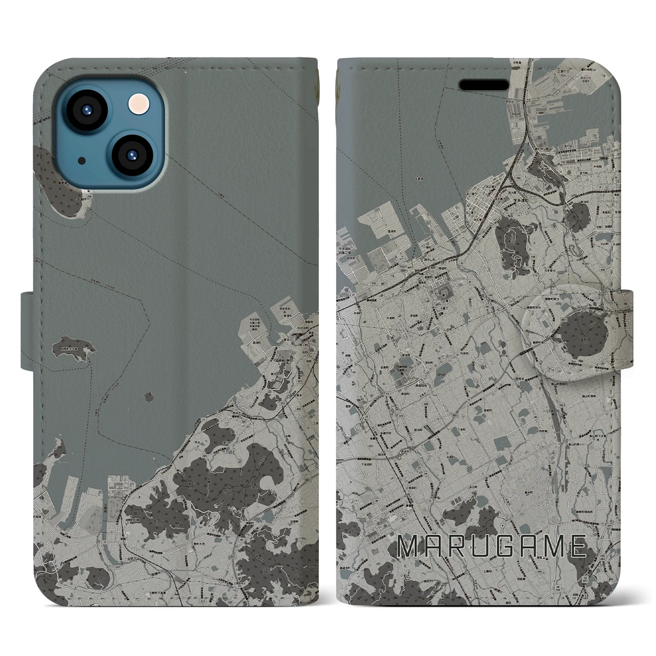 【丸亀(香川県)】地図柄iPhoneケース(手帳タイプ)モノトーン・iPhone 13 用