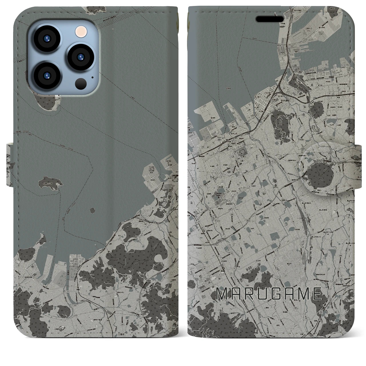 【丸亀(香川県)】地図柄iPhoneケース(手帳タイプ)モノトーン・iPhone 13 Pro Max 用