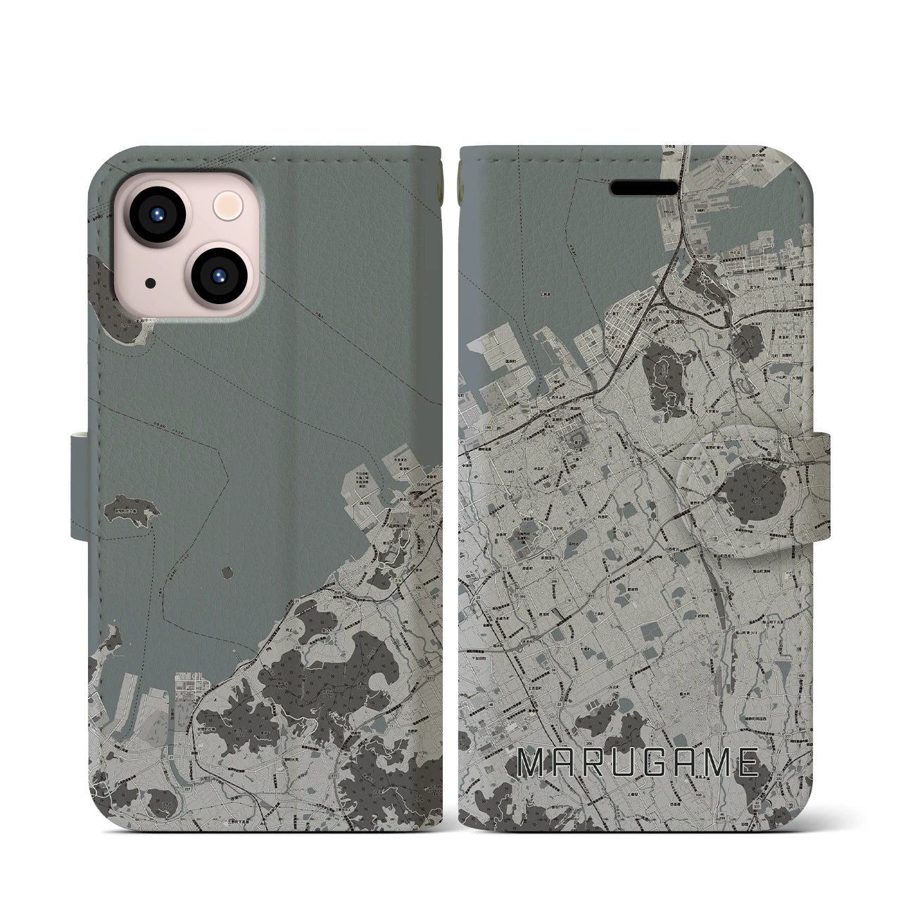 【丸亀(香川県)】地図柄iPhoneケース(手帳タイプ)モノトーン・iPhone 13 mini 用