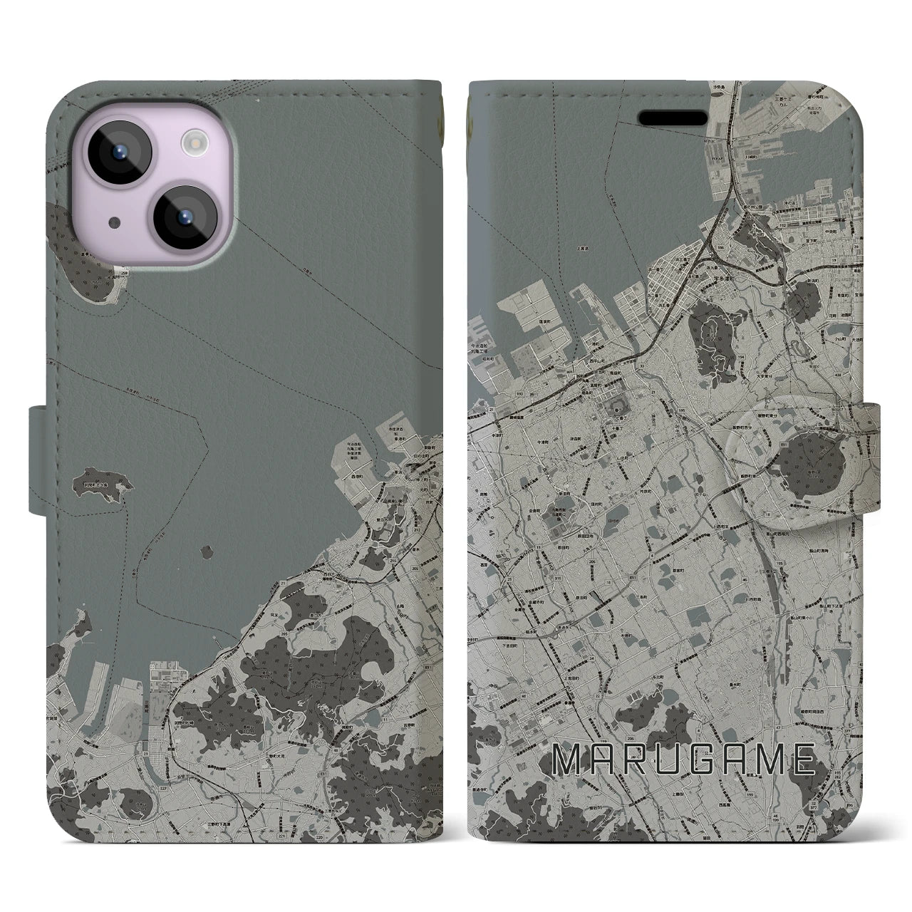 【丸亀(香川県)】地図柄iPhoneケース(手帳タイプ)モノトーン・iPhone 14 用