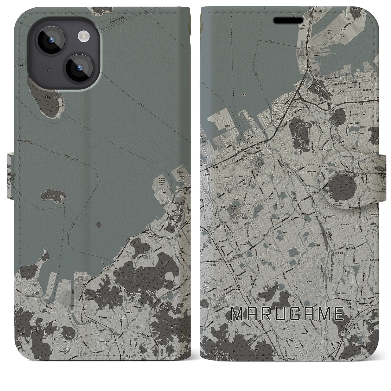 【丸亀(香川県)】地図柄iPhoneケース(手帳タイプ)モノトーン・iPhone 14 Plus 用