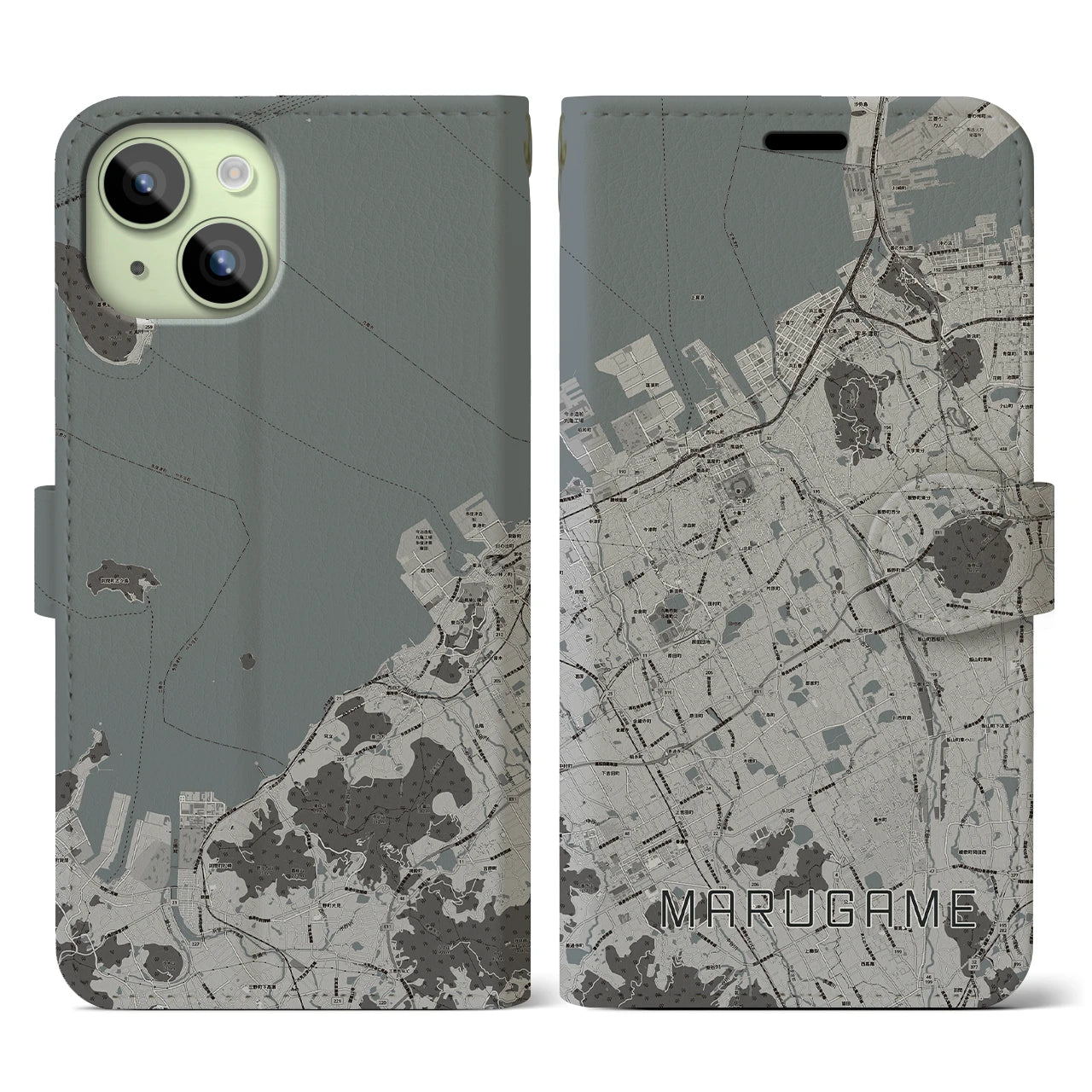 【丸亀(香川県)】地図柄iPhoneケース(手帳タイプ)モノトーン・iPhone 15 用
