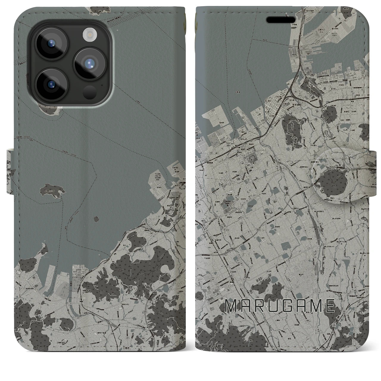 【丸亀(香川県)】地図柄iPhoneケース(手帳タイプ)モノトーン・iPhone 15 Pro Max 用