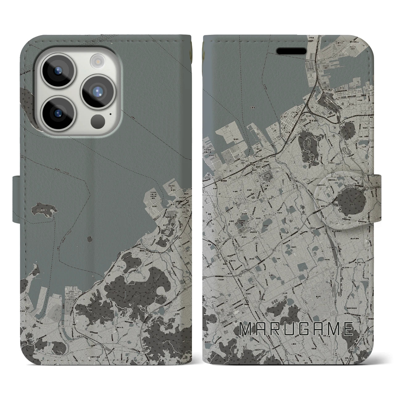 【丸亀(香川県)】地図柄iPhoneケース(手帳タイプ)モノトーン・iPhone 15 Pro 用