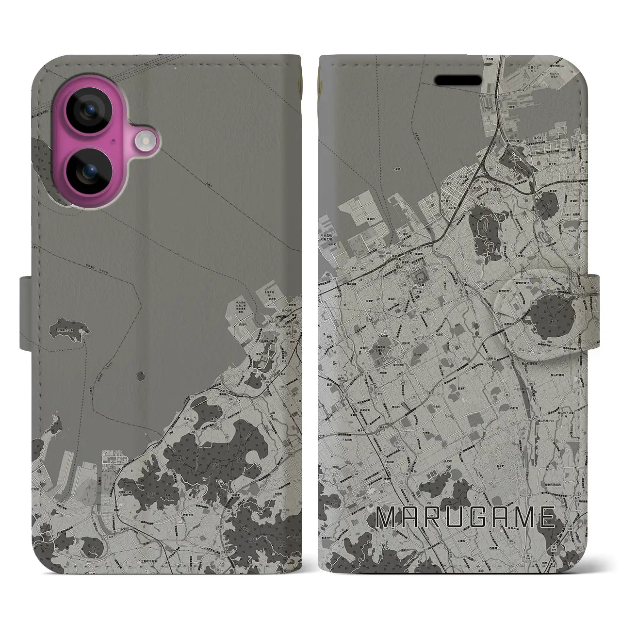 【丸亀(香川県)】地図柄iPhoneケース(手帳タイプ)モノトーン・iPhone 16 Pro 用