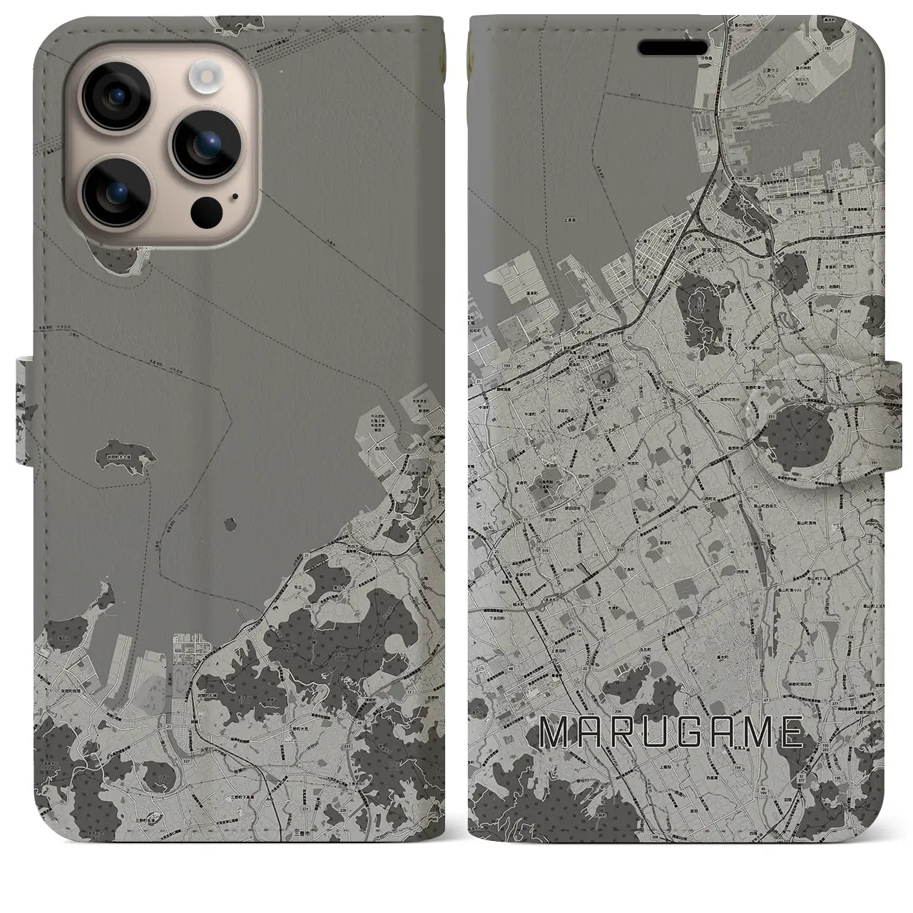 【丸亀(香川県)】地図柄iPhoneケース(手帳タイプ)モノトーン・iPhone 16 Plus 用