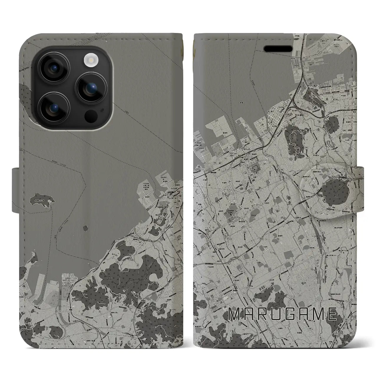 【丸亀(香川県)】地図柄iPhoneケース(手帳タイプ)モノトーン・iPhone 16 用