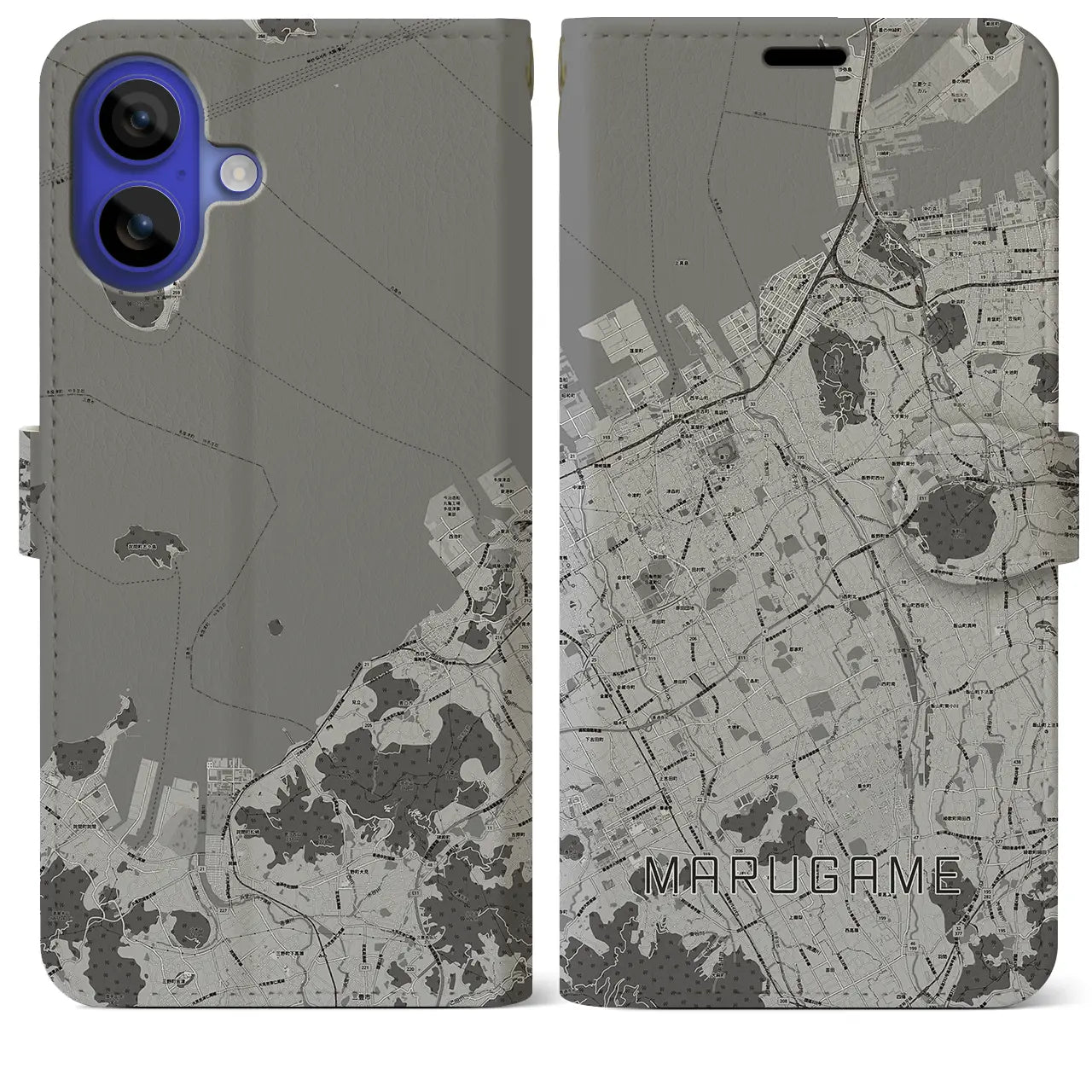 【丸亀(香川県)】地図柄iPhoneケース(手帳タイプ)モノトーン・iPhone 16 Pro Max 用