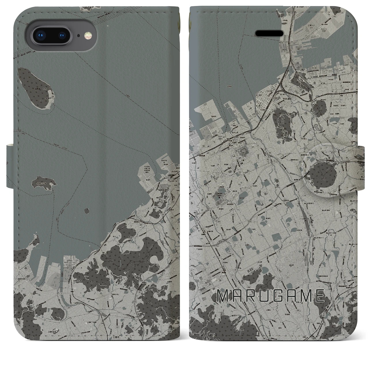 【丸亀(香川県)】地図柄iPhoneケース(手帳タイプ)モノトーン・iPhone 8Plus /7Plus / 6sPlus / 6Plus 用