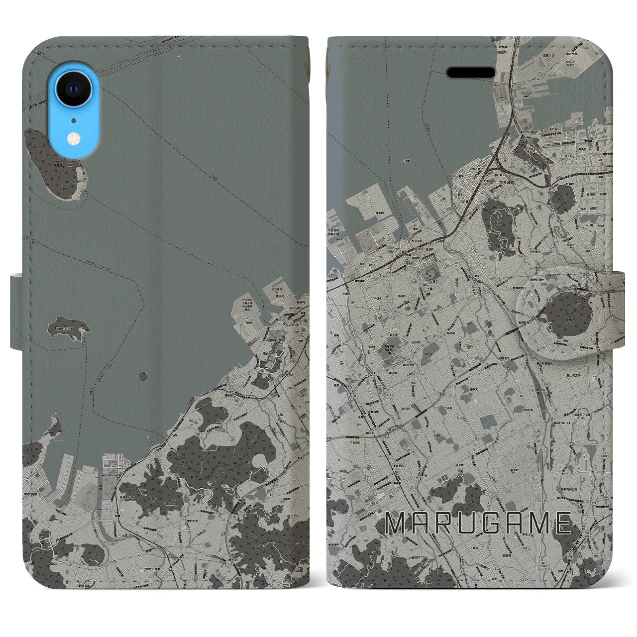 【丸亀(香川県)】地図柄iPhoneケース(手帳タイプ)モノトーン・iPhone XR 用