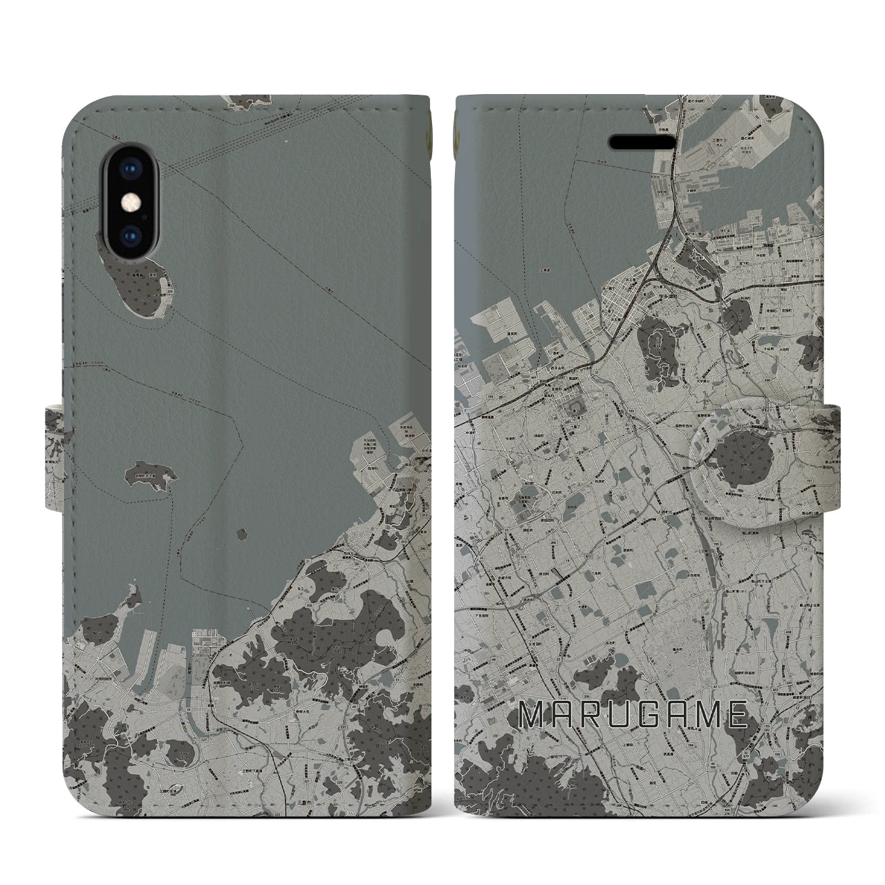 【丸亀(香川県)】地図柄iPhoneケース(手帳タイプ)モノトーン・iPhone XS / X 用