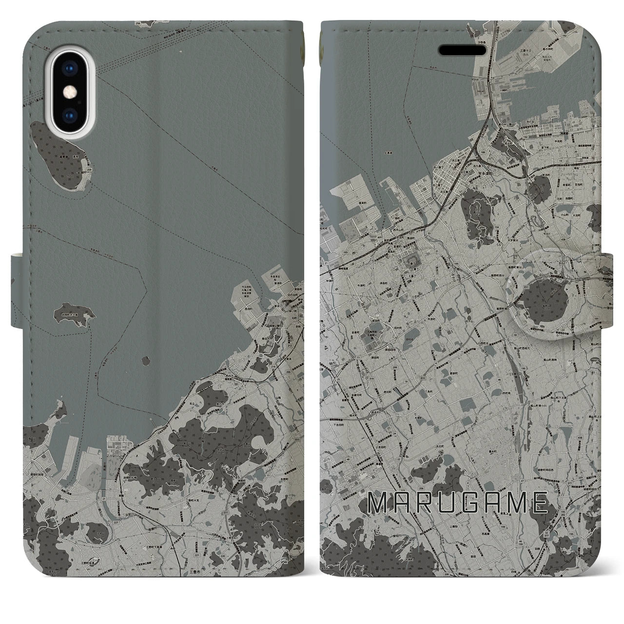 【丸亀(香川県)】地図柄iPhoneケース(手帳タイプ)モノトーン・iPhone XS Max 用