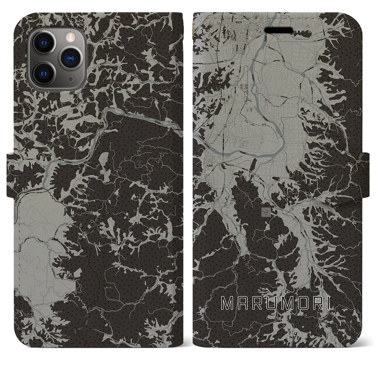 【丸森(宮城県)】地図柄iPhoneケース(手帳タイプ)モノトーン・iPhone 11 Pro Max 用