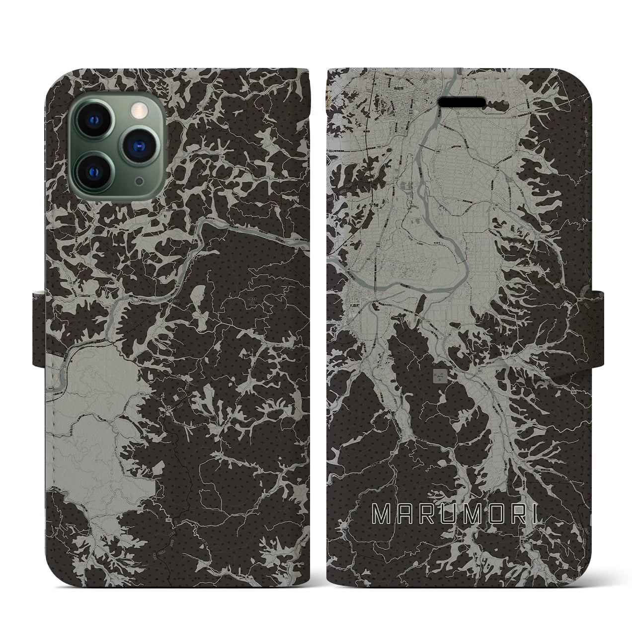 【丸森(宮城県)】地図柄iPhoneケース(手帳タイプ)モノトーン・iPhone 11 Pro 用