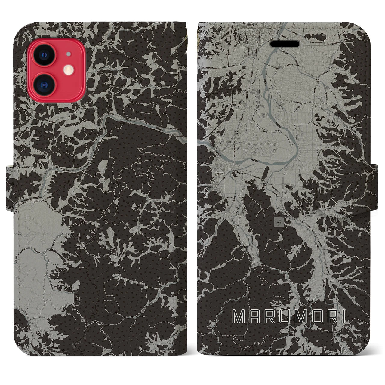 【丸森(宮城県)】地図柄iPhoneケース(手帳タイプ)モノトーン・iPhone 11 用